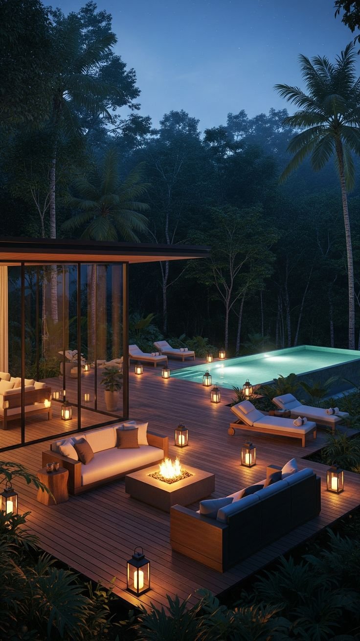 jungle villa with firepit lounge and glass walls