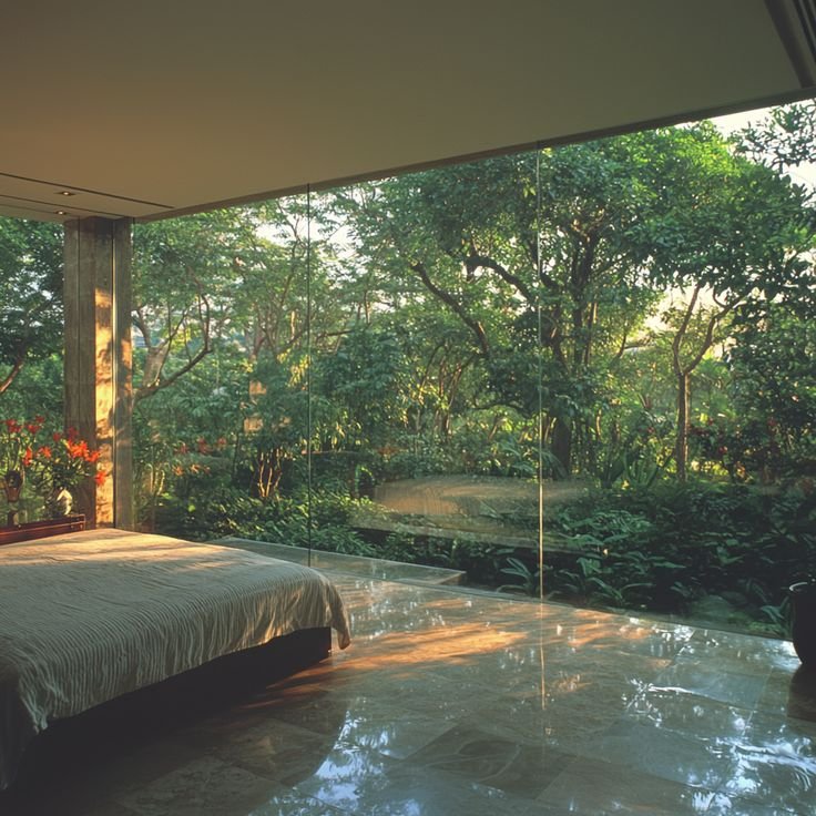 a room with a beautiful forest view